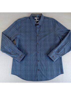 Calvin Klein Men's Blue Plaid Infinite Cool Casual Button-Down Shirt LARGE